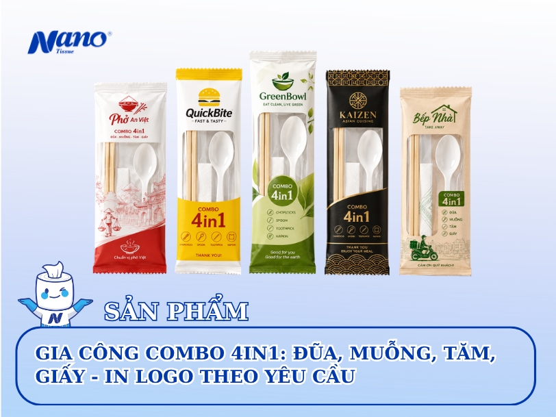 Gia Công Combo 4in1 – Đũa, Muỗng, Tăm, Giấy In Logo Theo Yêu Cầu