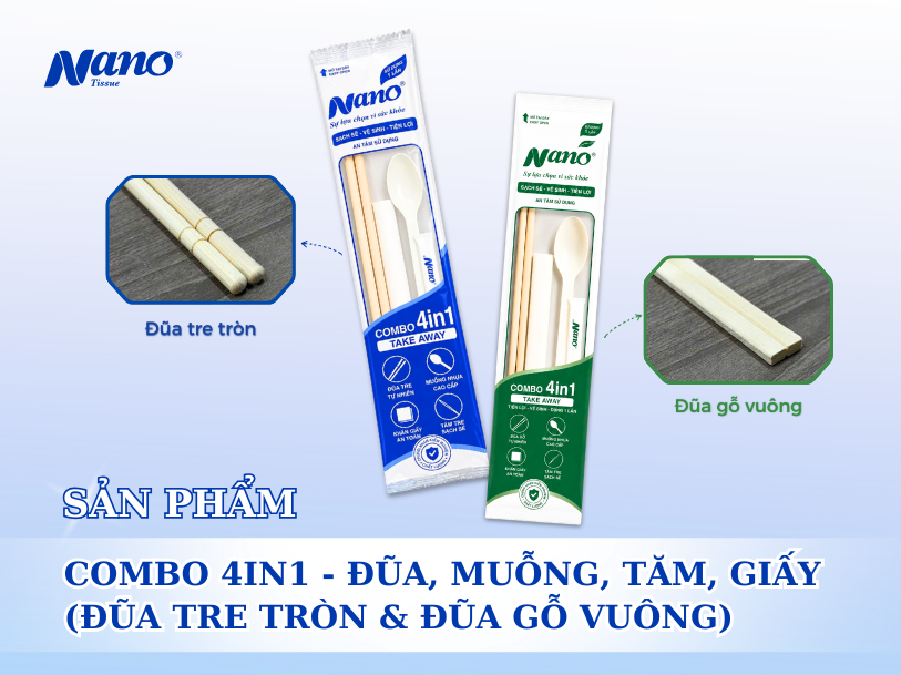 Combo 4in1 Đũa Muỗng Tăm Giấy – Đũa Tre & Đũa Gỗ | Nano Tissue
